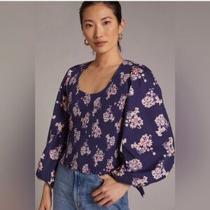 Anthropologie Navy Smocked Open-Back Top NWOT 2X